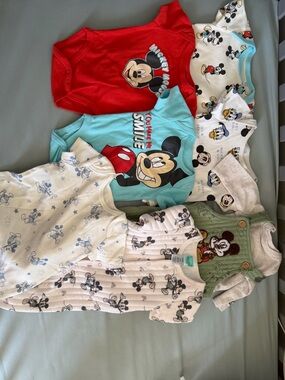 Mickey Mouse Kids Pajama Bodysuit Set - Red, Teal, White, Green Bundle (0-3m)